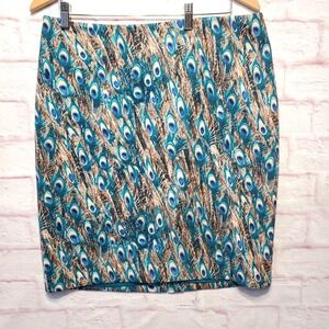 Talbots‎ Petites Peacock Feather Pencil Skirt Womens 14P Blue Teal Lined Stretch
